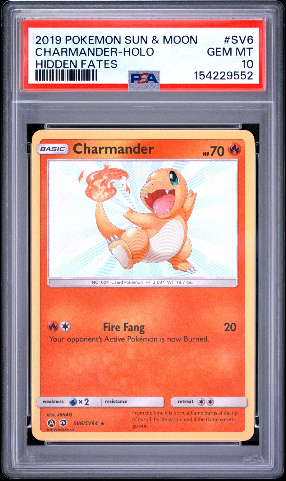 2019 POKEMON SUN & MOON HIDDEN FATES #SV6 CHARMANDER-HOLO PSA 10