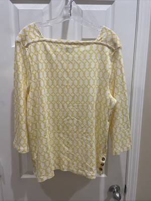 Chicos Womens Size 3 Gorgeous Yellow White shirt Pull Over Top 3/4 Sleeve