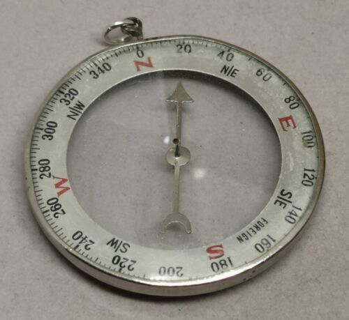Vtg 1940s WW2 Era Double Sided Transparent Glass 45mm Pocket Compass Pendant  - Afbeelding 1 van 11