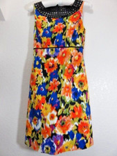 Tahari Dress Vivid Colors Simple Design Lining Lace Accent Around Neck Size 2
