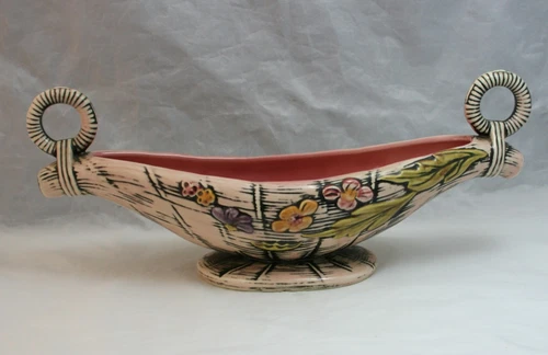 Vintage 1950s Hull Pottery Console Bowl Centerpiece Pink Blossom Flite Pattern