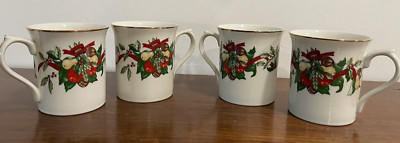 AMC NYNY Christmas Bounty Set of 4 Coffee Tea Mug Gold Trim Vintage Japan NICE!