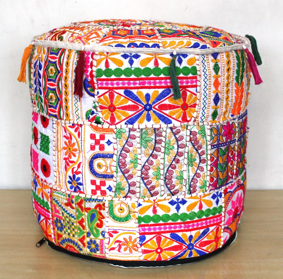 New Vintage Ottoman Pouf Cover Indian Patchwork Handmade Pouffe Decorative Round - Image 4 of 4