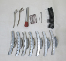 Vintage Lot of 13 Metal Hair Curlers, Wave Clips More