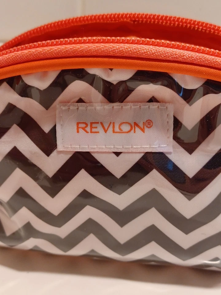 Vintage REVLON  Plastic Makeup Bag w/mirror black/white Chevron with Coral  MCM - Image 2 of 4