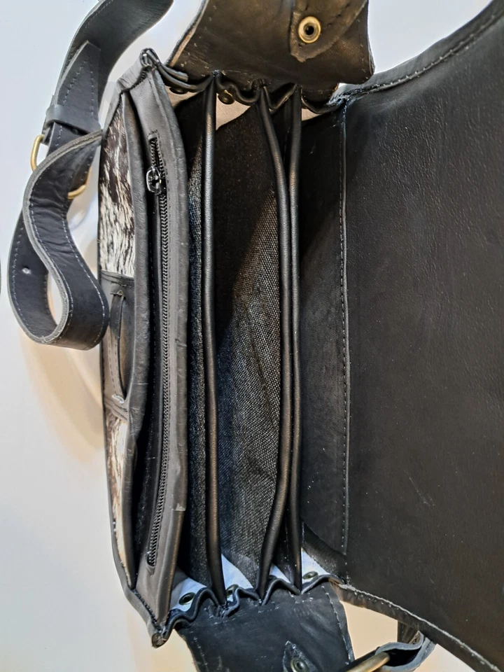 Columbia Carriel Couro Transversal Nova Bolsa de Mão Couro Marrom Escuro/Branco Cabelo - Imagem 4 de 4