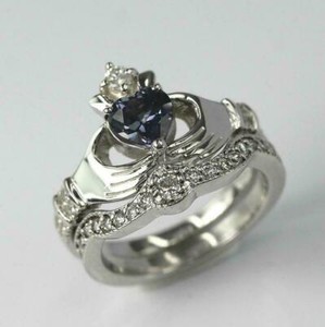 Authentic 3ct Lab-Created Heart Blue Tanzanite Ring Claddagh Bridal Set White Gold Plated