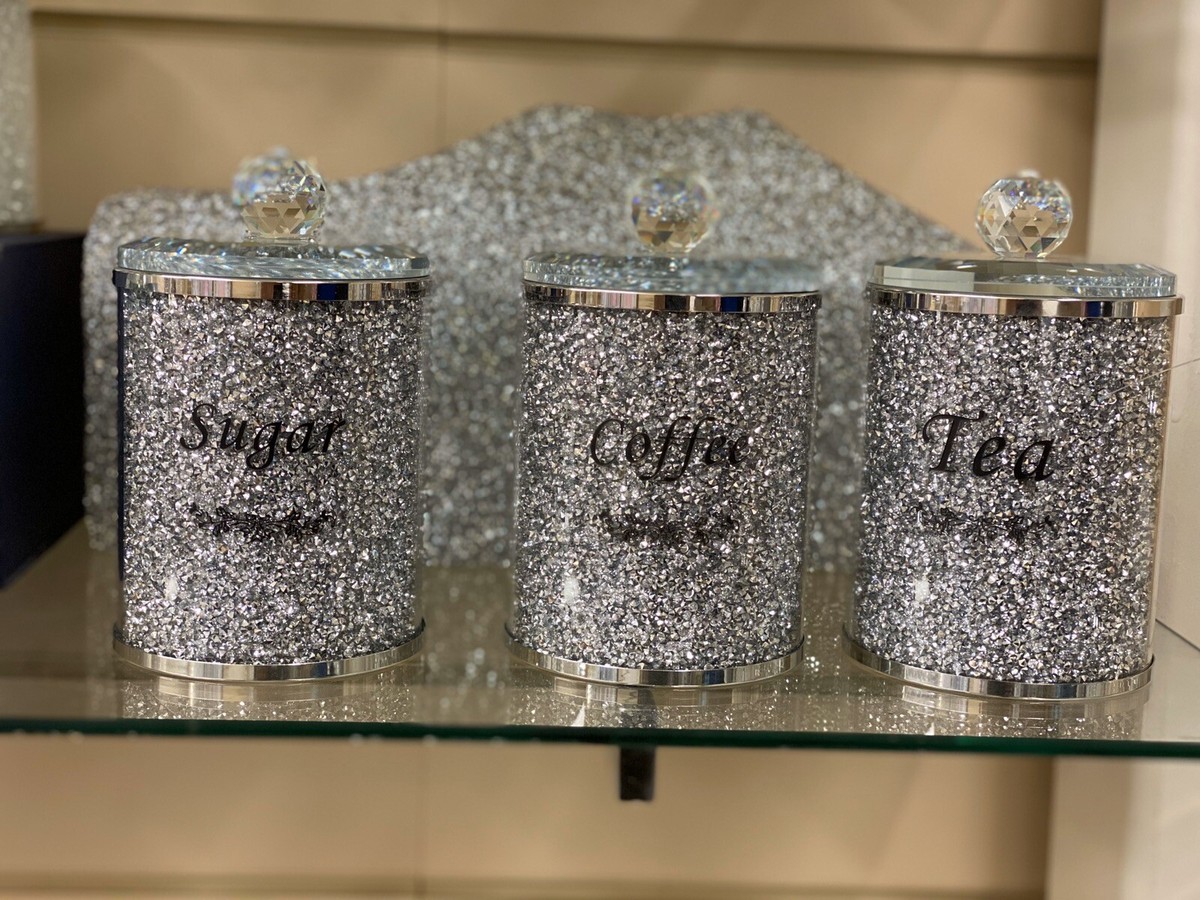 DIAMOND CRUSHED SILVER CRYSTAL FILLED TEA COFFEE SUGAR CANISTER