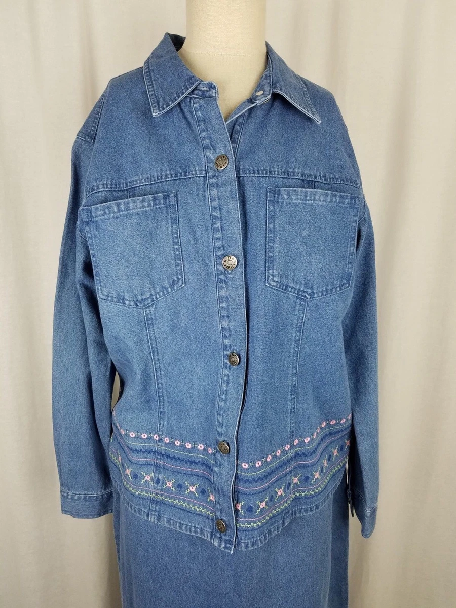 Denim &amp; Co. 2 Piece Blue Jean Denim Skirt Shirt Outfit Set Suit Womens M | eBay