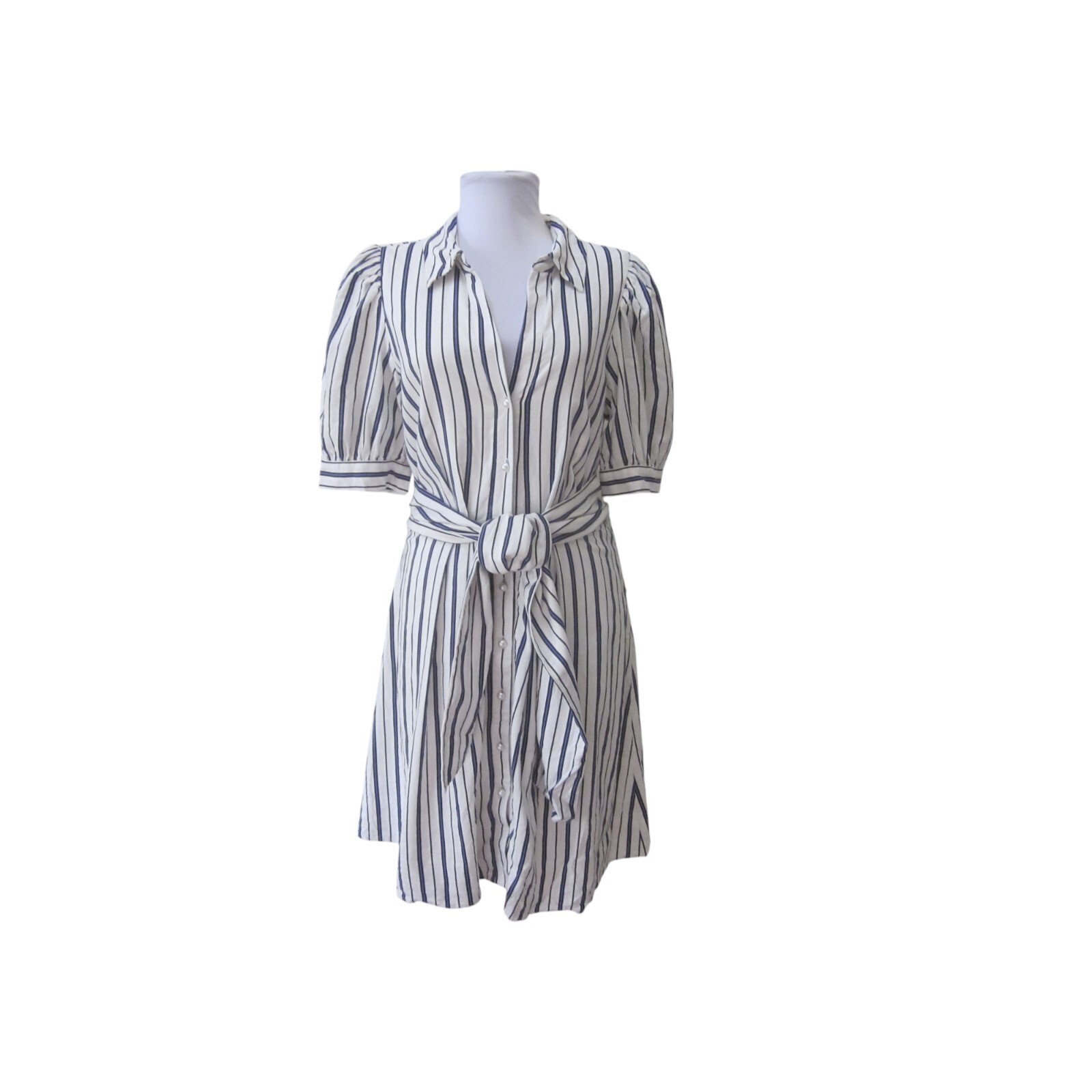 ALEX MARIE White w/ Black & Blue Stripes Short Sleeve Button Front Dress Sz 10