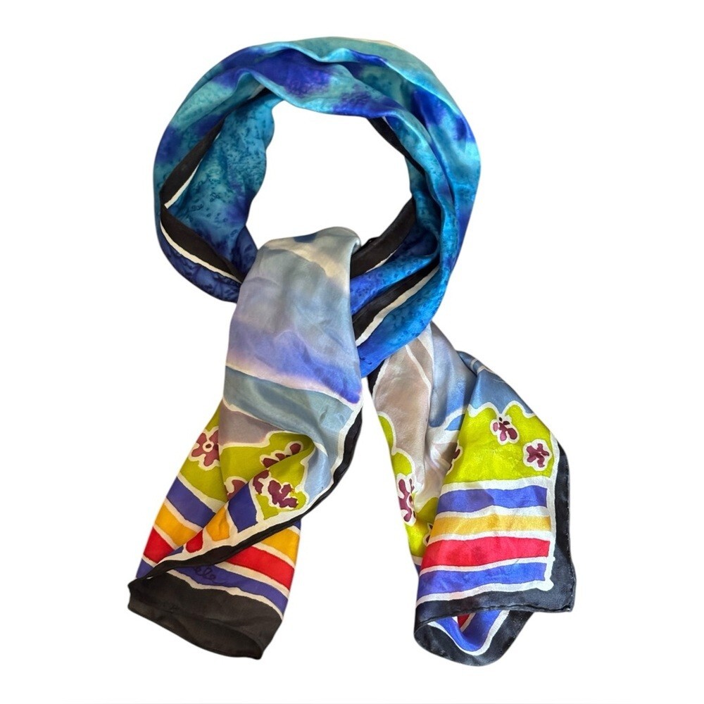 Adele Blue Multicolor Silk Scarf with Lighthouse … - image 2