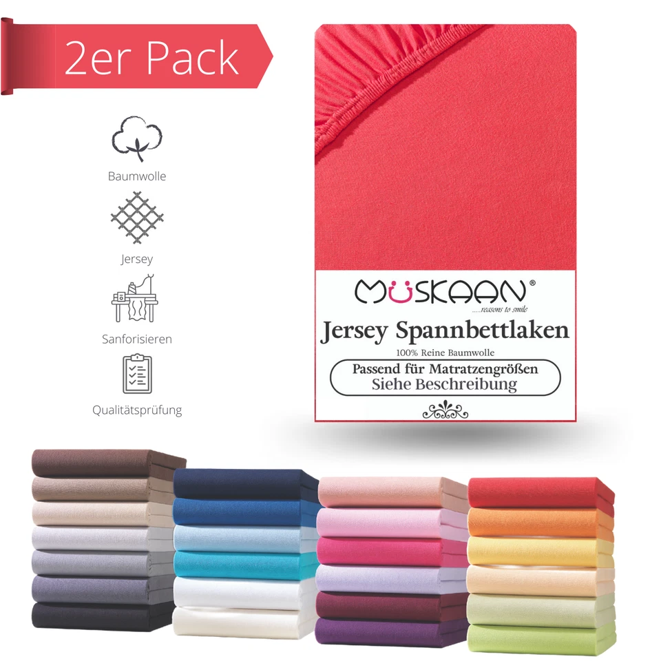 MÜSKAAN 2er Pack Jersey Spannbettlaken Betttuch Laken 100% Baumwolle 8 Größen 32 Farben
