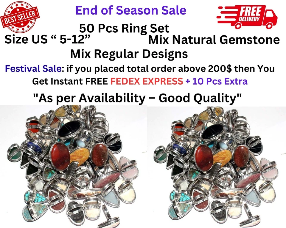 50 Stck. Ring Mix 925 Silber vergoldet Natur Edelsteine Mix Designs US 5-12 Größe JW