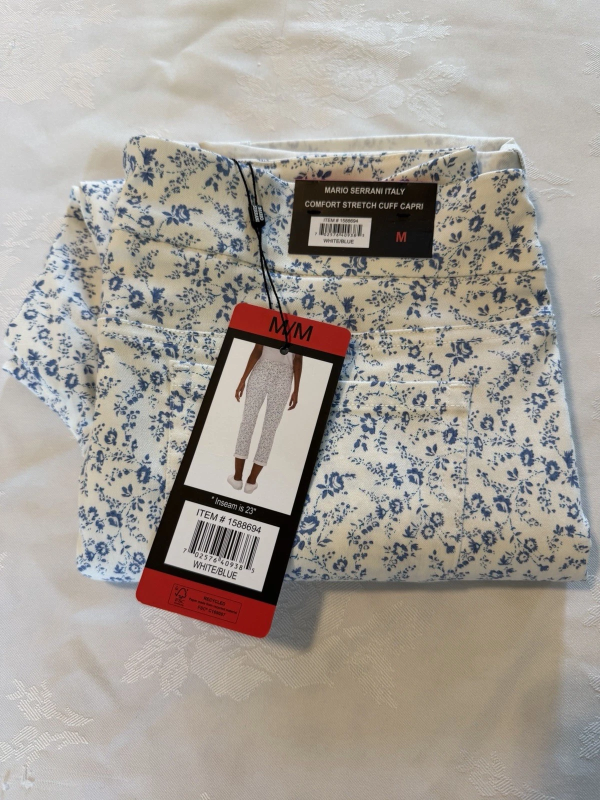 Mario Serrani Italy Women's Comfort Stretch Cuff Capri, NEW White/Blue Medium