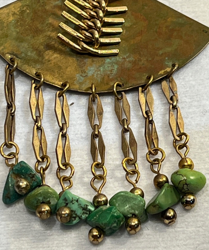 Vintage 70's BOHO Artisan Handmade Patina Copper Green Turquoise Dangle Earrings - Picture 7 of 9