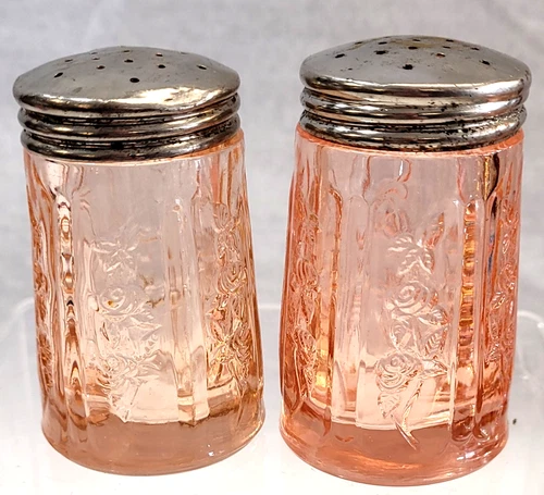 Vintage Federal Pink Depression Glass Sharon Cabbage Rose Salt & Pepper Shakers