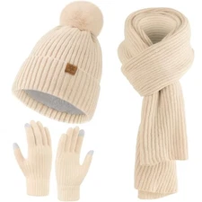  Womens Winter Beanie Hat Scarf Gloves Set, Knitted Scarf and Hat Beige
