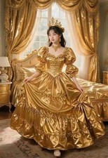 Victorian Rococo Golden Satin Ball Gown Puff Sleeve Historical Costume Dress