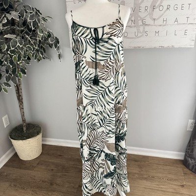 LuLaRoe Dress Womens M Green Tropical Leaf Maxi Tassel Hawaiian Sundress