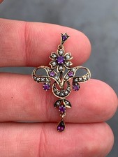 9ct Gold Amethyst Seed Pearl Pendant, Art Nouveau Design 9k 375 2.8g
