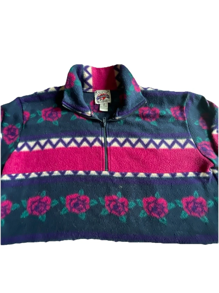 Pullover Top Floral Pequeño Recortado Vintage Años 90 Cuarto Cremallera Polar Foto 3 de 4