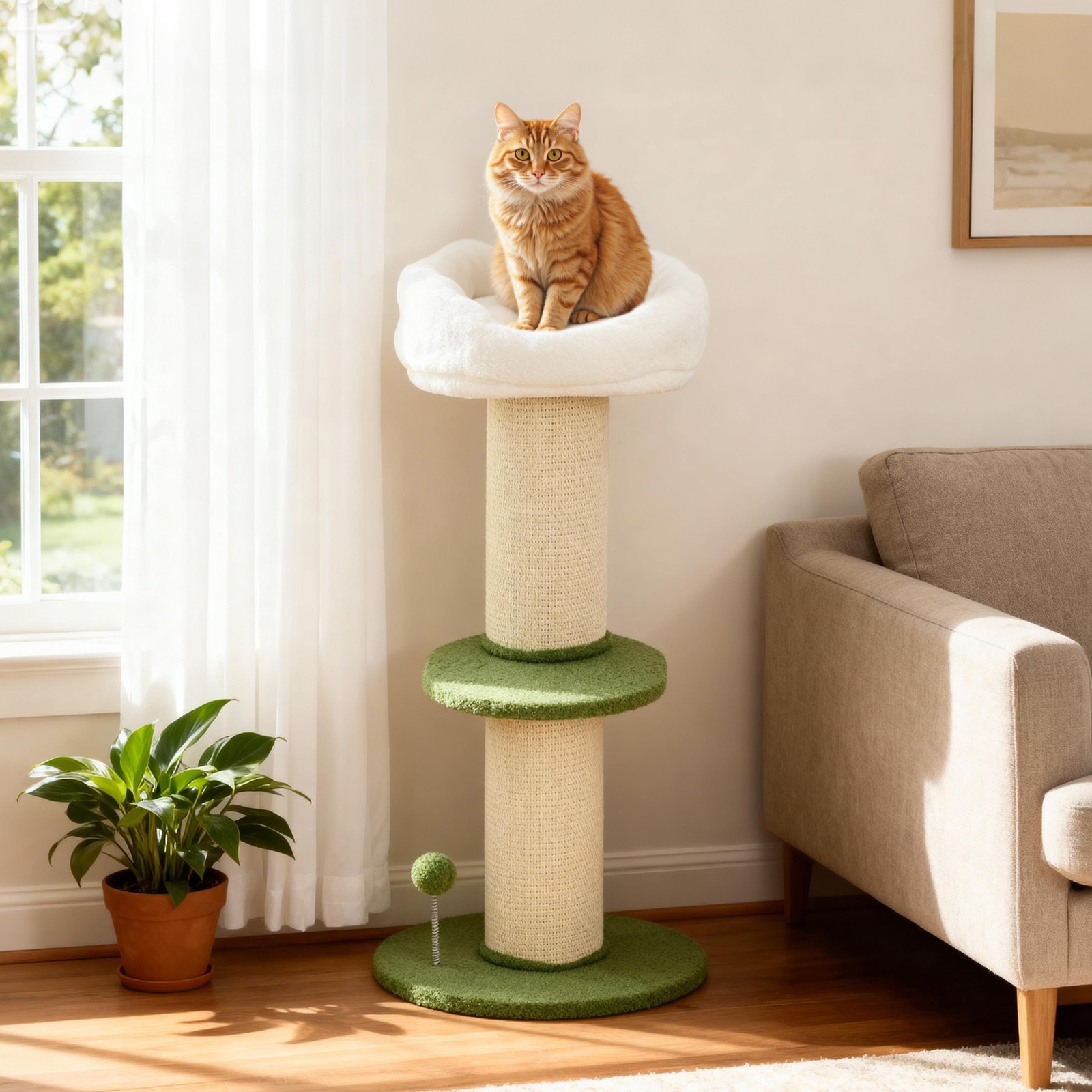 Albero Tiragraffi per Gatti Alto 92 cm con Palo in Sisal e Lettino a Forma di Fi foto 2