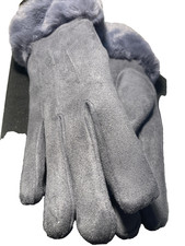 NEW Warm Women's Gray Suede Fur Trimmed  lined Gloves Sz M NIB Winter