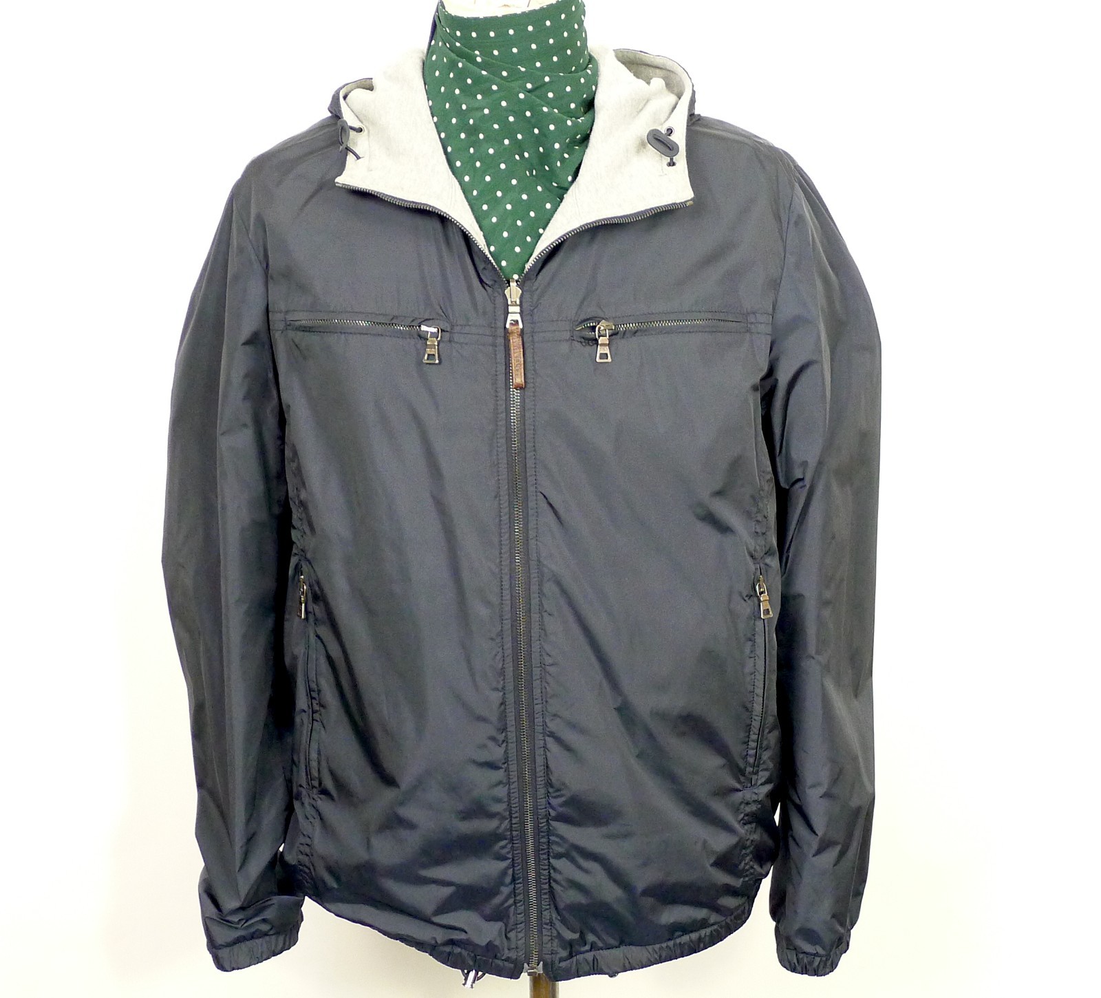 Prada Hooded Windbreaker Jacket Reversible Navy Blue Nylon Mens Size 54 #281