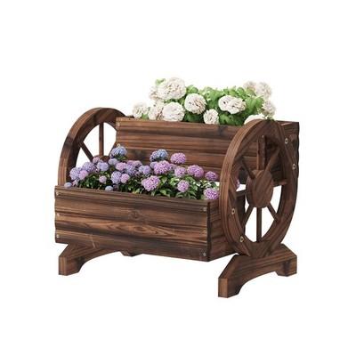 Wooden Planter Box Flower Cart Wheels Carbonised Dark Brown 18.5x16.14x15.16