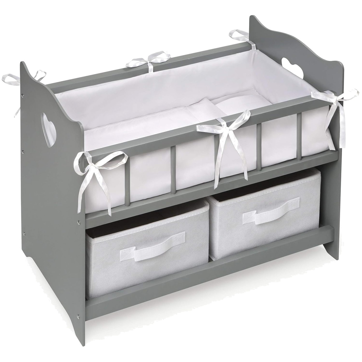 Gray Wooden Doll Crib Set - Pretend Play Nursery Bed