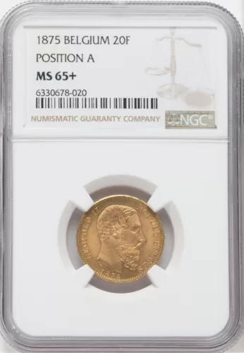 BELGIUM , GOLD 20 FRANCS 1875 - NGC MS 65+ ,,, RARE8