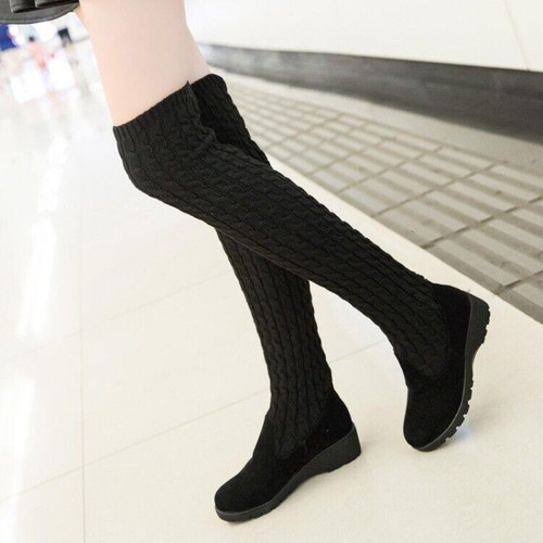 Women Round Toe Block High Heels Knit Warm Over The Knee Boots Skinny Chic Shoes - Picture 5 of 11