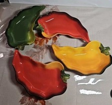 Clay Art Chili Pepper Set of 4 MultiColor Dip Bowls Red Green Yellow Dishes