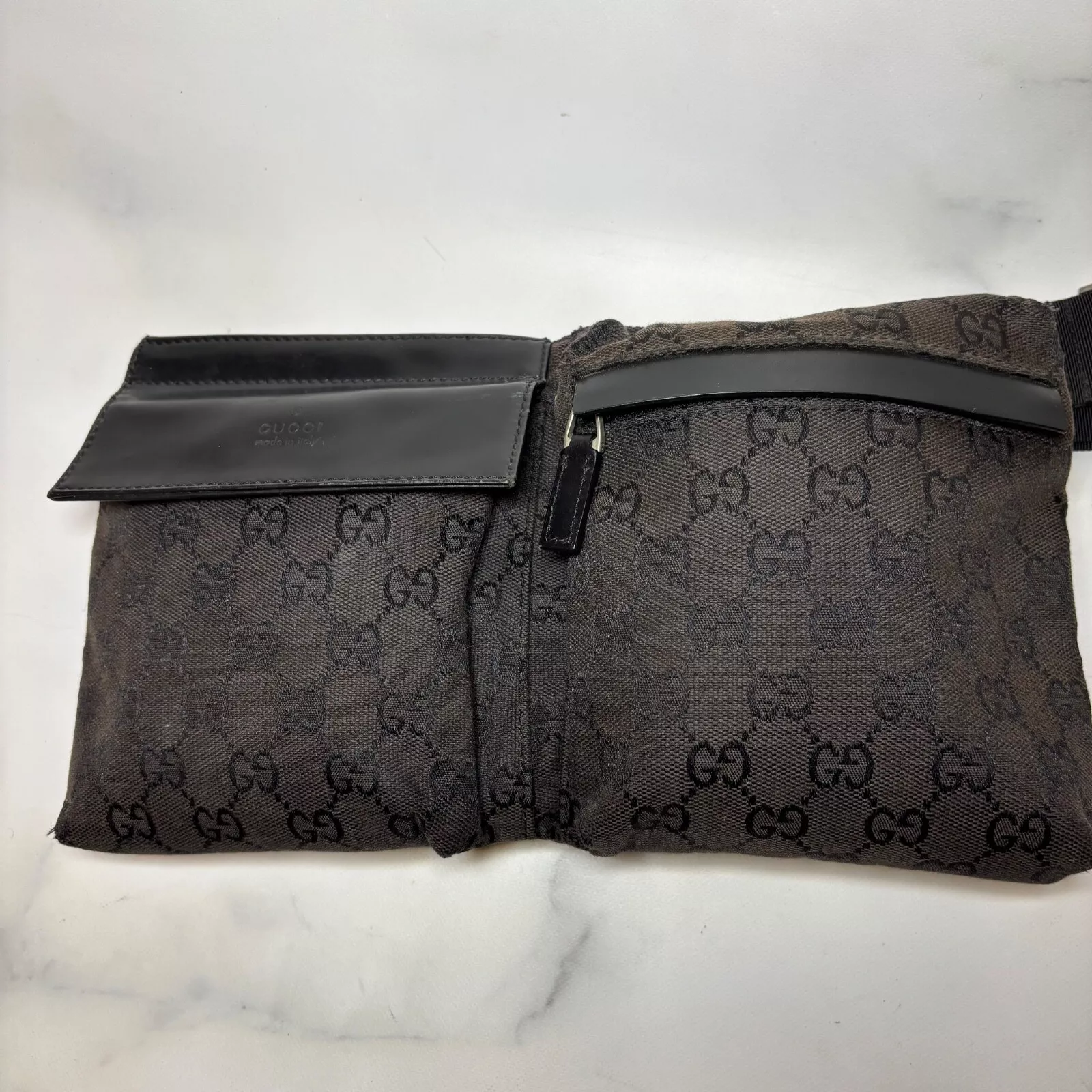 【Rang A!】Gucci Sac à Taille Body Bag Toile Cuir GG Marron Foncé Noir Argent