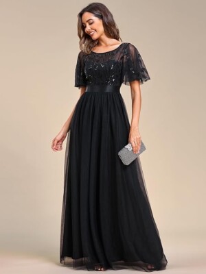 Gorgeous NEW Black Ever-Pretty Women's Formal Dress Sequin Ruffle Empire L XL 10