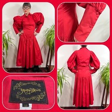 Vintage 80s Droopy & Browns Red Cotton Dress Victorian Style Mouton Sleeve 10 12