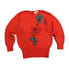 Vtg 80's Red Sweater M Beads Hand Loomed Art Statement ENFIN By Marcia Christmas