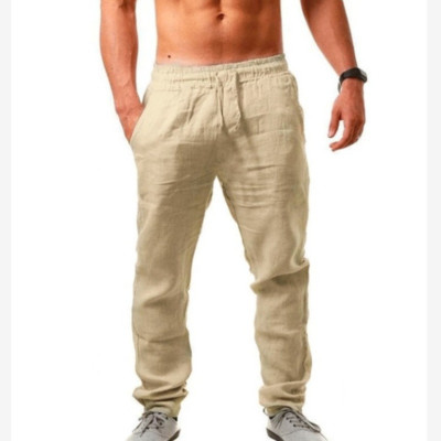 Mens Pants Sports Trousers Drawstring Breathable Cotton Linen Loose Casual White
