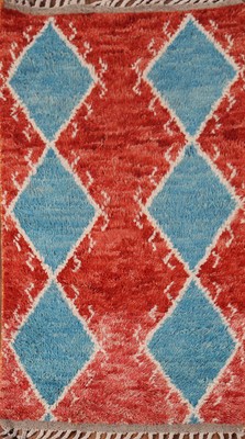 Rust/ Blue Thick Plush Moroccan Rug 3x6 Geometric Handmade Wool Carpet
