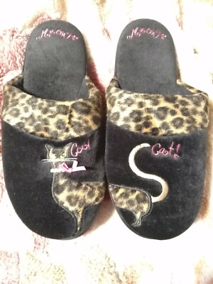 Totes Isotoner pin-up kitty XL (9.5-10.5) Slippers Black Leopard Print Cat Meow