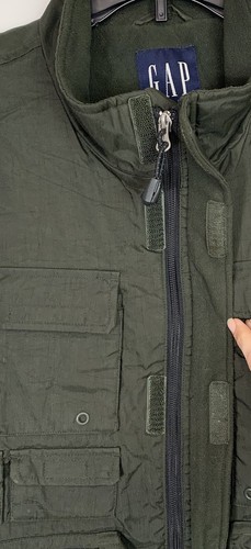 Vintage GAP Vest Green Utility Cargo Tactical Fleece Lined Nylon Zip Up GORP Med - Picture 3 of 6