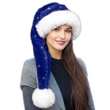 Blue Sequin Long Santa Hat for Adults Christmas Hats for Women or Men Soft Ve...