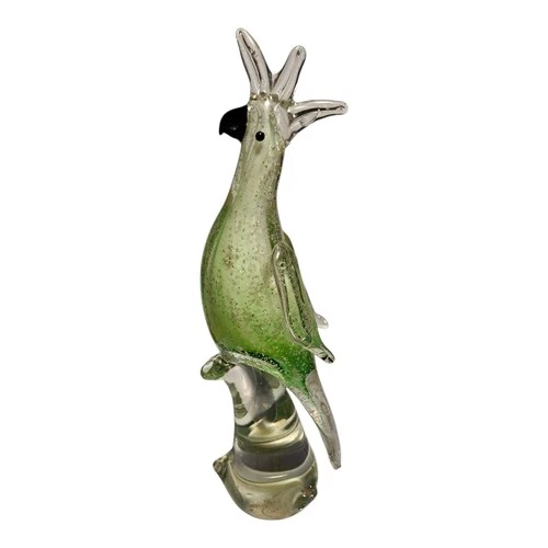 Vintage Murano Style Cockatoo Parrot Bird Hand Blown Art Glass Green Silver Gold