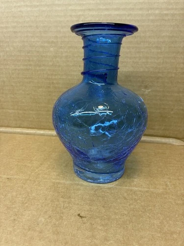 blenko crackle glass vase small blue