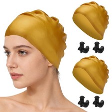 Silicone Swim Cap Set with Waterproof Earplugs, 9.1 x 7.9"  2 Set  Gold