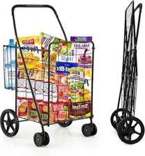 Folding Shopping Cart Jumbo Grocery Cart on Wheels w/Double Basket