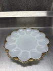 Vintage Milk Glass Deviled Egg Plate Gold Gilt Rim 12 Slots Scalloped Edge