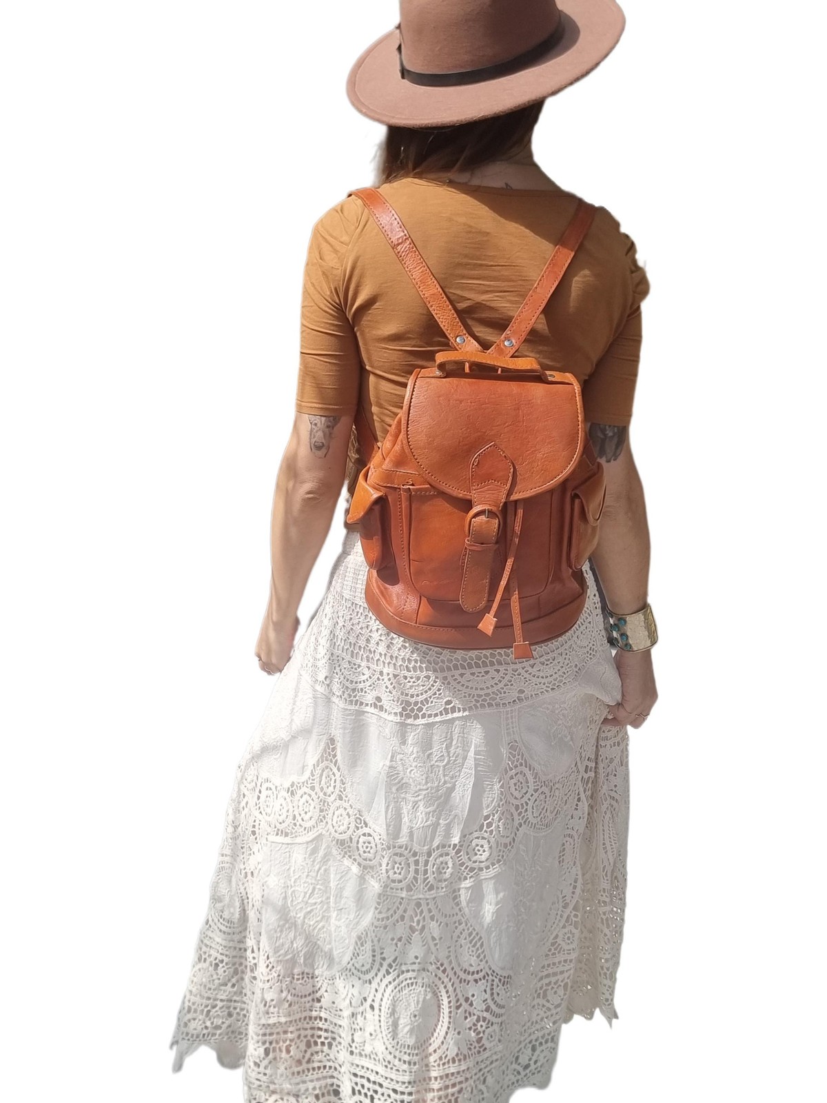 Tan Leather Drawstring Backpack | Small Boho Ruck… - image 8