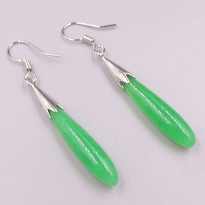 Authentic Gold Plated Heated Green Jade Long Charm Dangle Earrings 50mm H