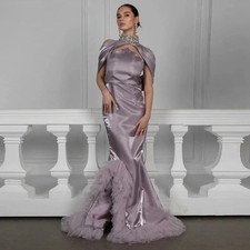 Sparkle Satin Prom Dresses Sleeveless Crystal Halter Mermaid Formal Party Dress